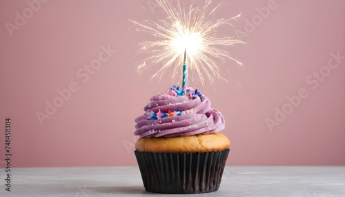 Chocolate Cupcake With Sparkler And Hearts Of Lights