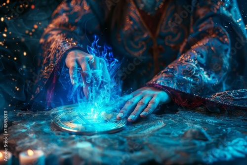 Close up of a witch casting spells on a Bitcoin blue flare illuminating the mystic scene