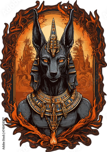 Anubis with root and fire vector illustration for t-shirt, stickers and others.