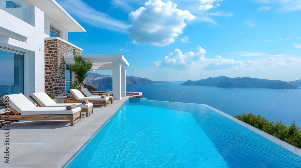 Fototapeta premium Mediterranean white house and landscape, pool and sunbeds, beautiful sea view, greece travel and tourism concept, olive tree, greece style