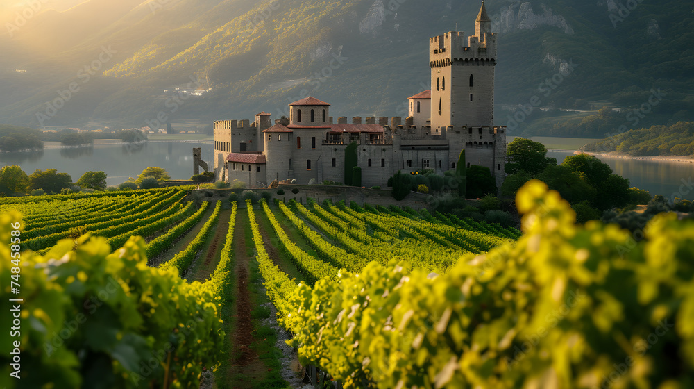 Medieval Castle Overlooking Vineyards with Ripe Grape Bunches. The medieval castle overlooking the vineyards exudes a sense of grandeur and history