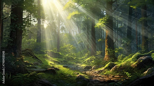 Sunrays in dark forest. Sun rays in woods. Sunbeam light © VIK