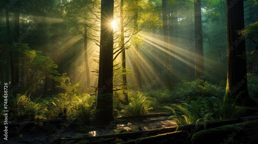 Sunrays in dark forest. Sun rays in woods. Sunbeam light