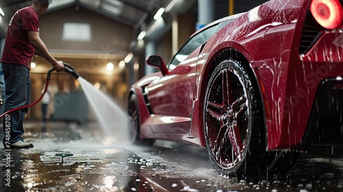 Car Wash Specialist Using Pressure Washer to Rinse a Red Modern Sportscar. Adult Man Washing Away Dirt, Preparing a Tuned Car for Detailing. copy space for text. photo