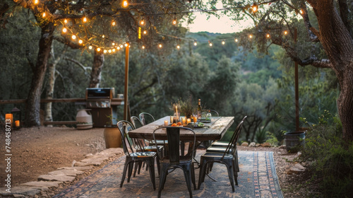 An outdoor dining area with a salvaged wooden table surrounded by metal chairs softened by string lights and a rugged worn rug.