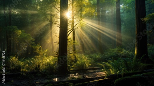 Sunrays in dark forest. Sun rays in woods. Sunbeam light