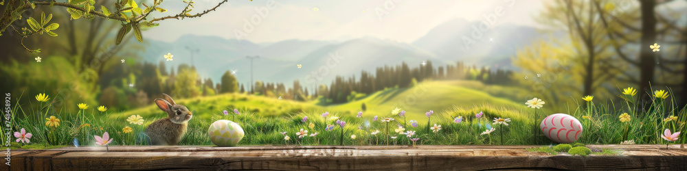 A wooden product display top with an Easter background of painted eggs, rabbit and green grass and meadows. - obrazy, fototapety, plakaty 