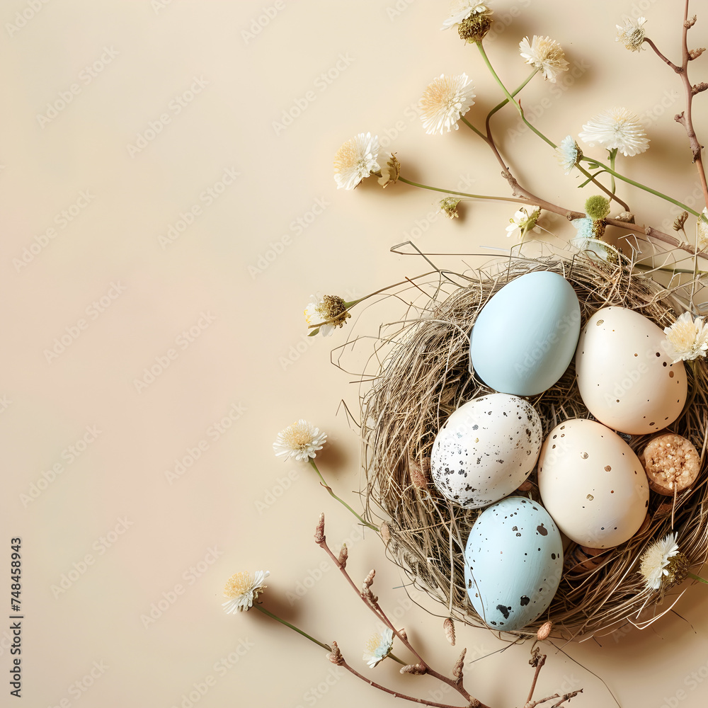 Easter holiday banner with colorful eggs and sping flowers	

