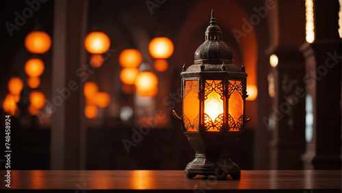 Fotografia Illustration of an Islamic-themed lantern with a prayer room in the background 8
