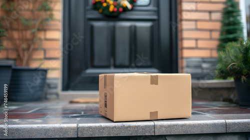 Online shopping delivery service concept. Cardboard parcel box delivered to the front door. Package near front door photo