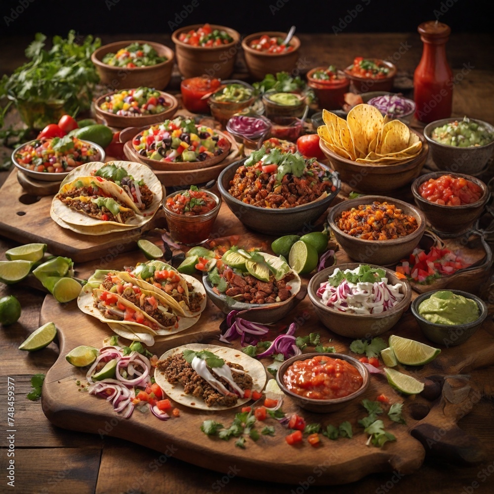 Assorted Tacos Arranged on a Wooden Cutting Board Accompanied By Salsa And Various Toppings