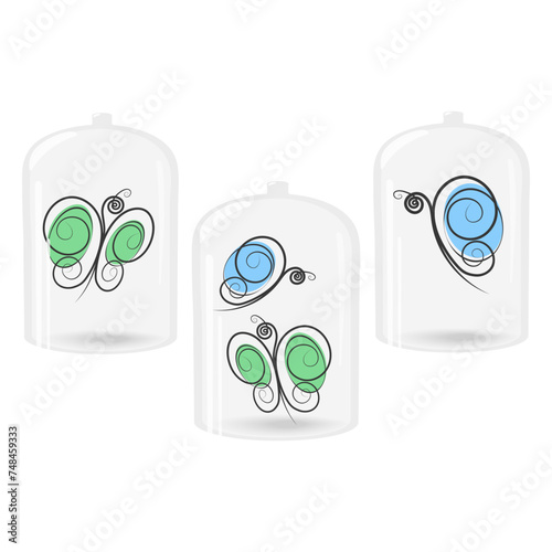 Stylized butterflies under glass lid with shadows and highlights. Set of 3 various design elements