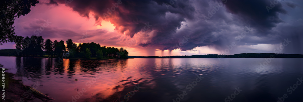 Surreal Tranquility: A Stormy Sky Over a Peaceful Lake Amidst Lush Greenery