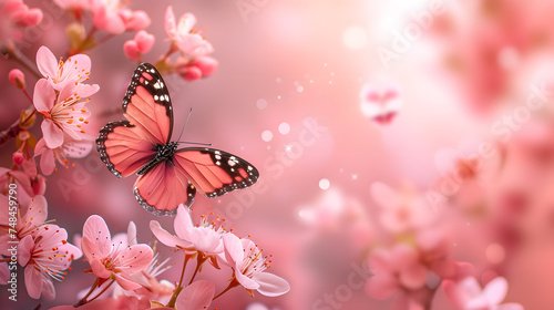 Spring banner background with pink blossom and flying butterfly © Mursida