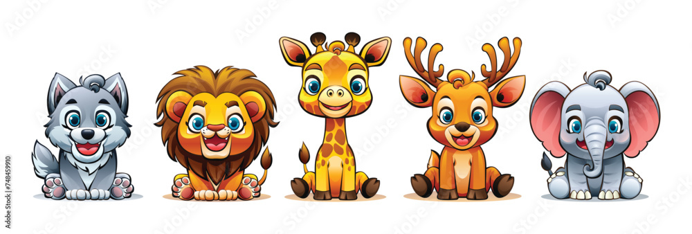 Obraz premium Collection of cute wild animals. Vector cartoon illustration