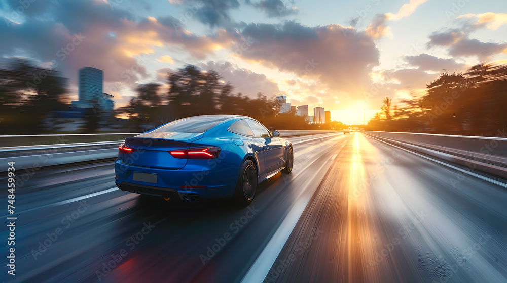 Rear view of blue Business car on high speed in turn. Blue car rushing along a high-speed highway Rear view of blue Business car on high speed in turn. Blue car rushing along a high-speed highway