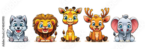 Collection of cute wild animals. Vector cartoon illustration