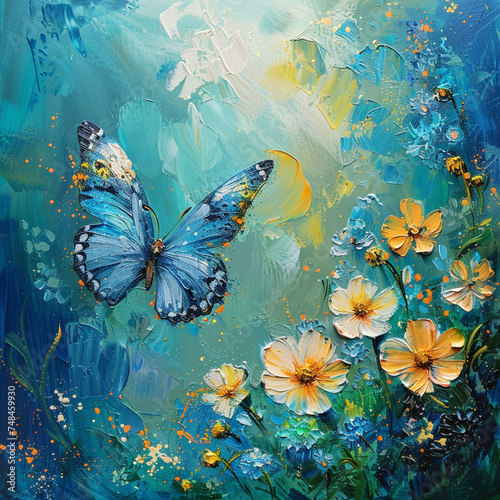 Acrylic picture of a blue winged butterfly with yellow flowers. ai generated. © naphat