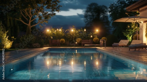 a pool in backyard is with lights at night time