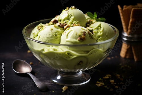 Creamy Pistachio ice cream. Gelato food. Generate Ai