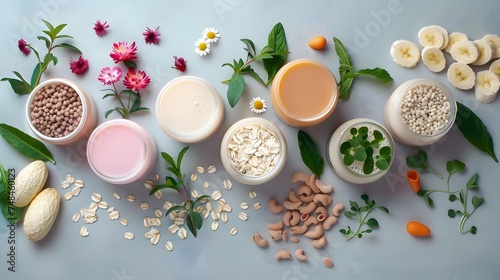 Various vegan plant based milk and ingredients, top view, copy space. Dairy free milk substitute drink, healthy eating. photo