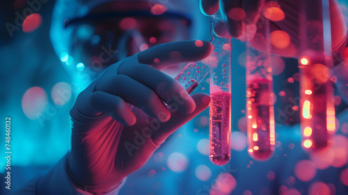 scientist holding medical testing tubes or vials of medical pharmaceutical research with blood cells and virus cure using DNA genome sequencing biotechnology as wide banner hologram photo