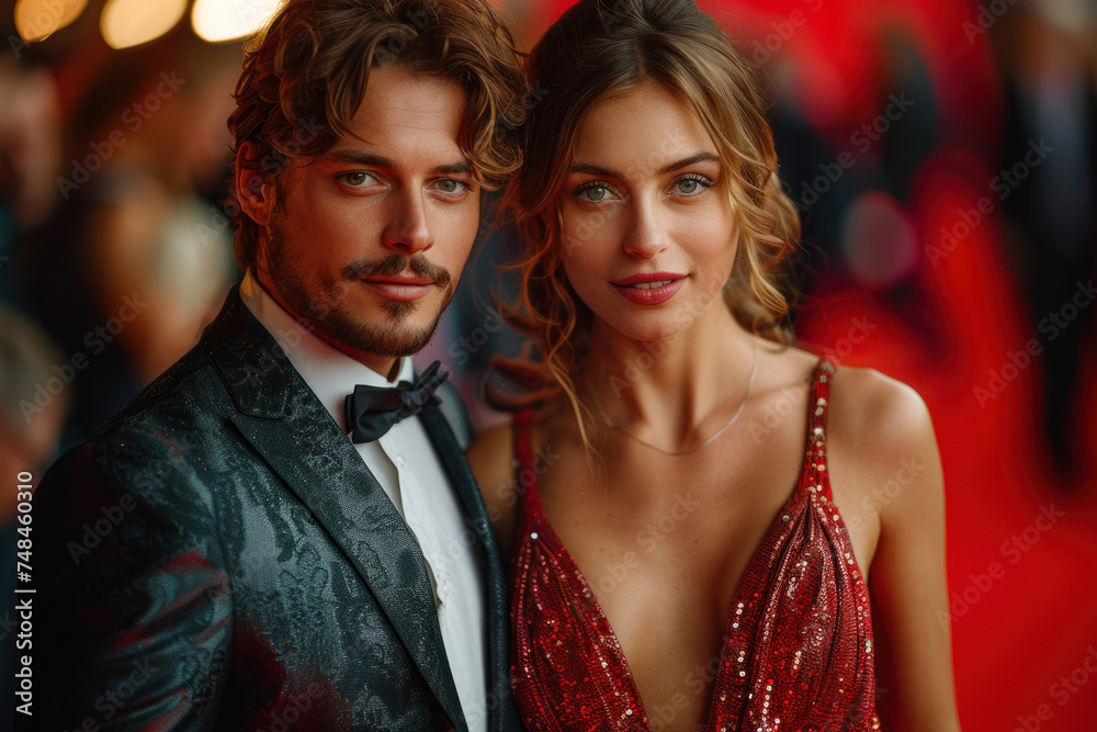 An elegant couple in formal attire posing at a red carpet event, with a ...
