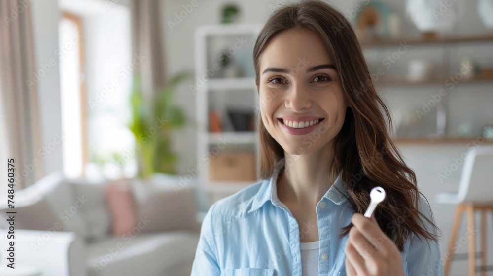 Smiling woman holding a smart key, cozy living room background, modern home, lifestyle concept, technology, indoors, casual style