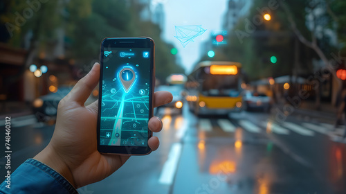 smart city public transportation control and mobile app to taking bus to destination or location and directions tracking GPS system concepts as wide banner with copyspace area