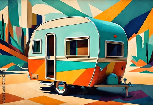 art deco painting style illustration of a fictional unbranded vintage camper with retro colors