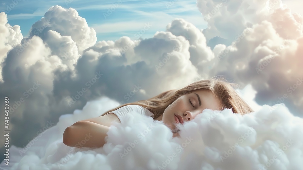 Woman Sleeping on Cloud. Sleep, Dream, Bed, Calm, Peace, Female, Lady, Relaxation, Sleepy, Sky
