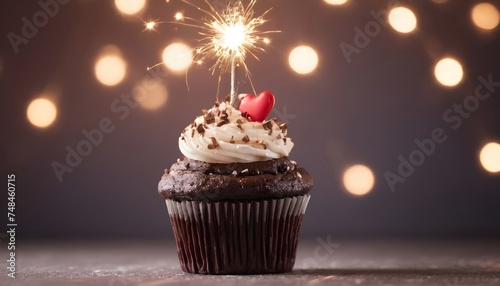 Chocolate Cupcake With Sparkler And Hearts Of Lights