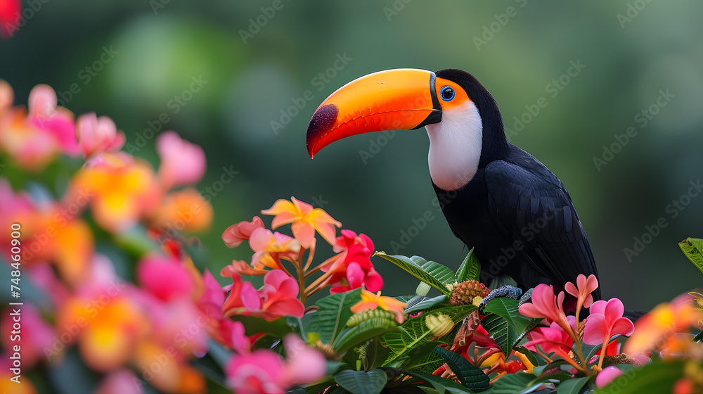 Fototapeta premium Toucan 4k wallpaper, tropical rainforest, colorful flowers, hd.