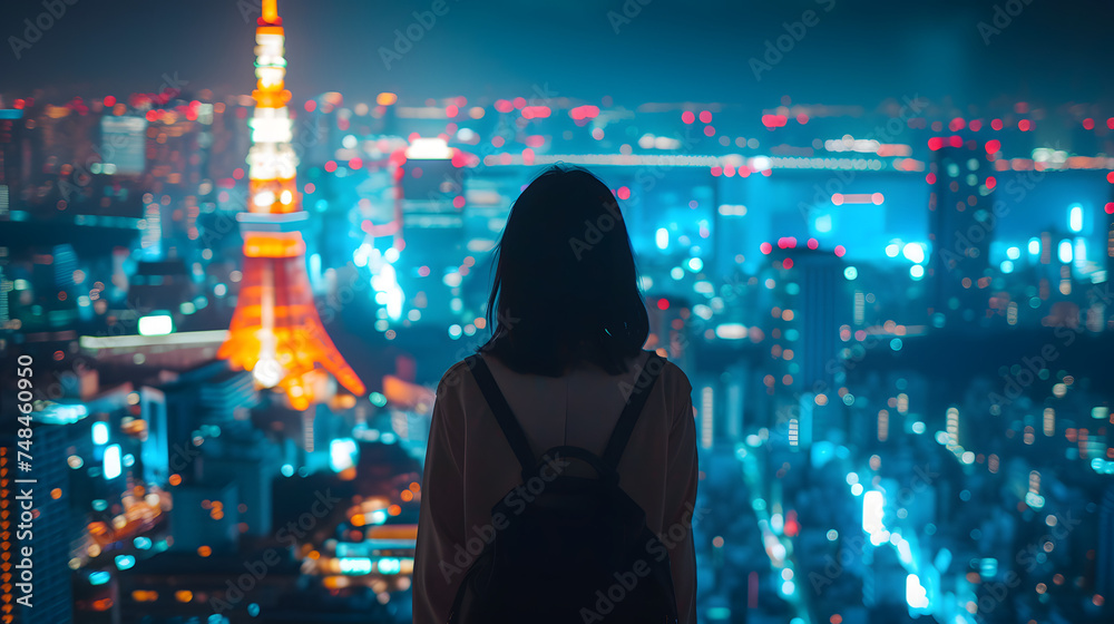 Traveling solo in Asia, night view of a city. Tokyo. A girl or woman tourist Traveling solo in Asia, night view of a city. Tokyo. A girl or woman tourist
