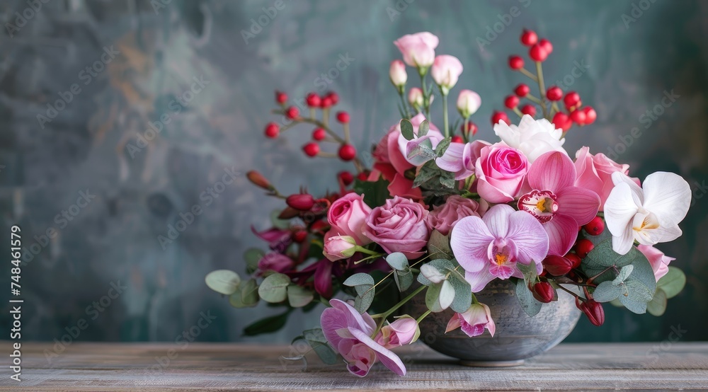 Floral arrangement on wooden background Floral arrangement on wooden background