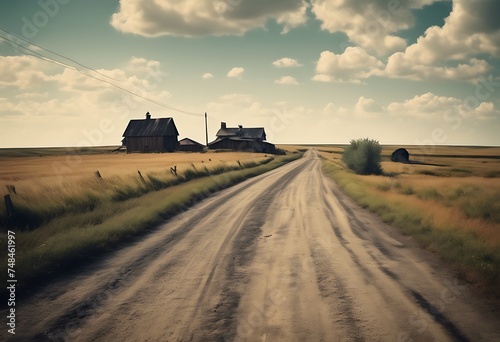 Road on farm landscape. vintage retro style