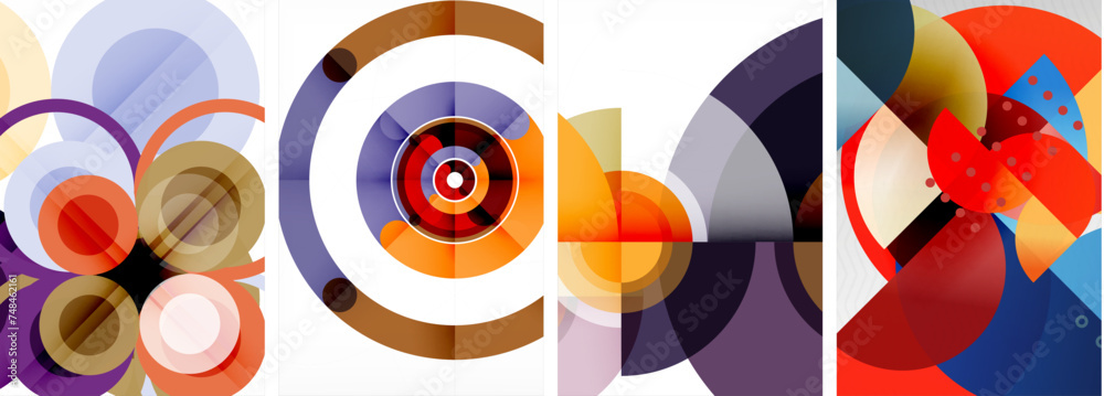World of geometric elegance with abstract circle poster set. Circles intertwine in a symphony of shapes and colors, offering a contemporary visual feast for your design