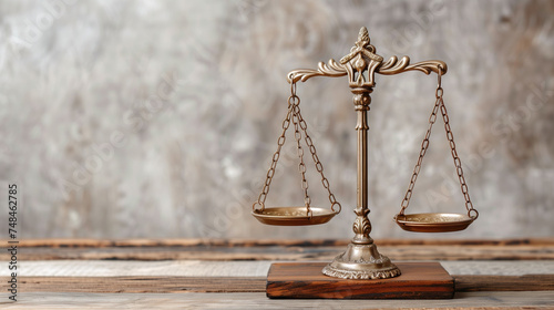 Vintage balance scales of justice on wooden table against a blurred background, judicial system concept.