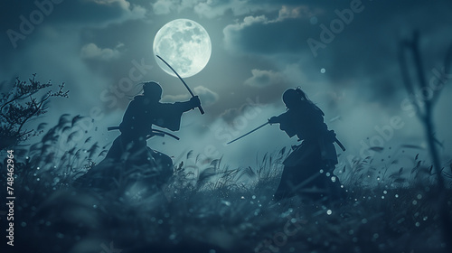 Cinematic, Samurai Duel Photography, On a moonlit hilltop, two samurai warriors face off in a dramatic duel © Ju Wan Yoo