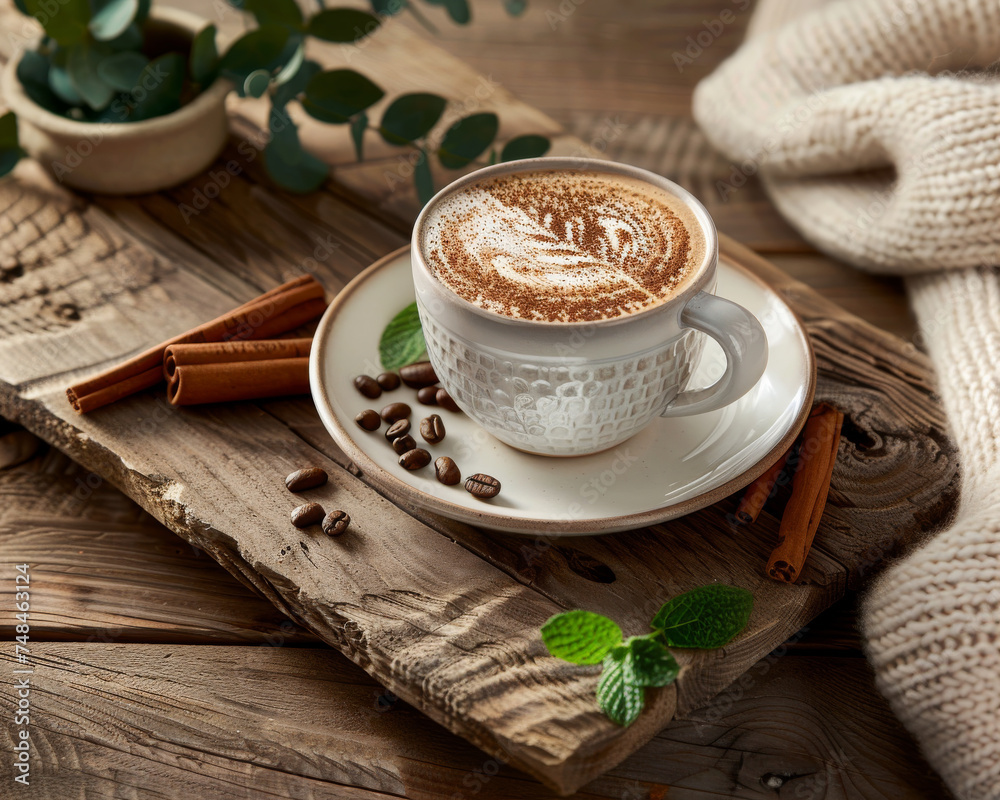 Latte Art and Aroma on a Rustic Table Latte Art and Aroma on a Rustic Table