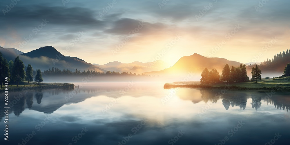 Dawn over a foggy lake with soft hills in the distance