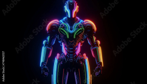 A robot illuminated by a spectrum of neon lights on a black background