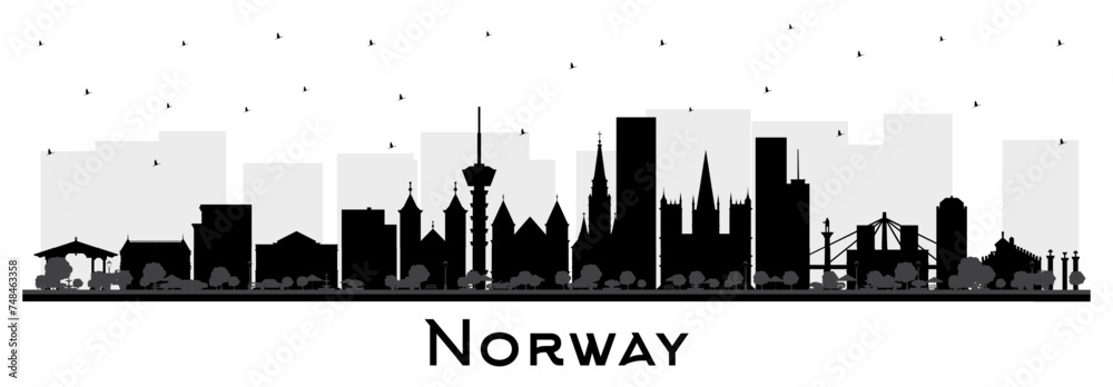 Norway city skyline silhouette with black buildings isolated on white. Concept with historic and modern architecture. Norway cityscape with landmarks. Oslo. Stavanger. Trondheim.