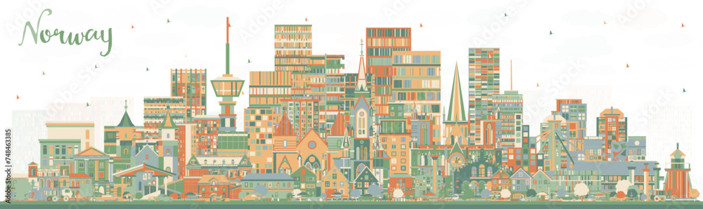 Norway city skyline with color buildings. Concept with historic and modern architecture. Norway cityscape with landmarks. Oslo. Stavanger. Trondheim. Bergen.