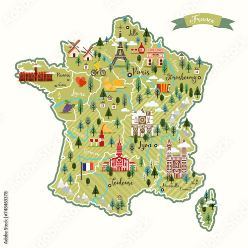 Stylized map of France. French symbols, cheese, croissant, wine, bicycle, harmonic, mountains and other landmarks. Travel to France.