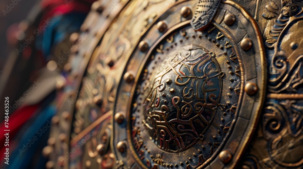 A closeup of a Nanda infantrymans shield adorned with intricate patterns and symbols representing his allegiance to the empire.