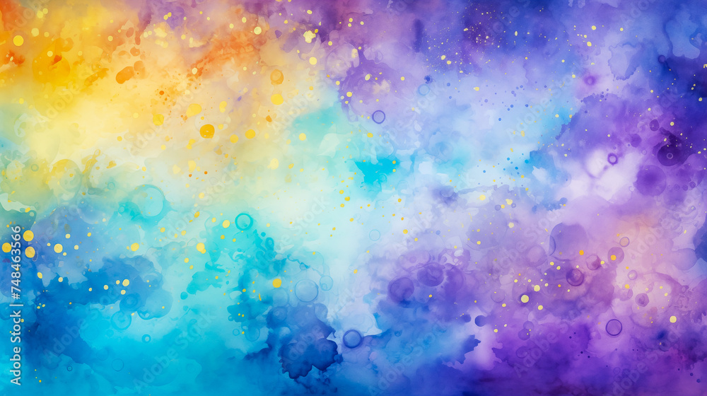 Mardi Gras digital watercolor background,  abstract splash colorful art. Bright purple, teal, yellow, blue and pink paint spray for copy space by Vita