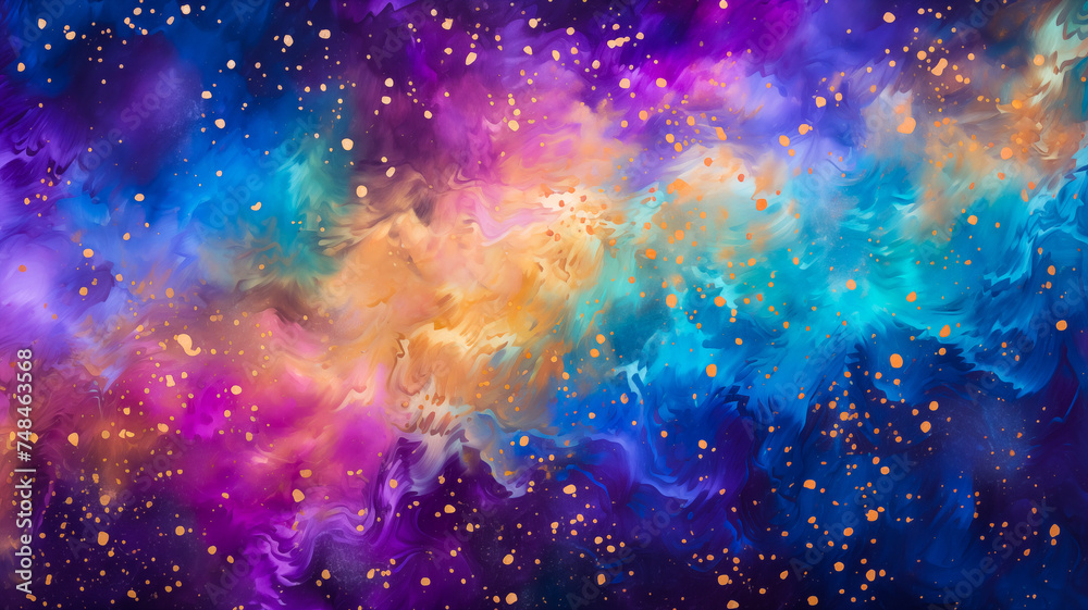Fototapeta premium Mardi Gras digital watercolor background, abstract splash colorful art. Bright purple, teal, yellow, blue and pink paint spray for copy space by Vita