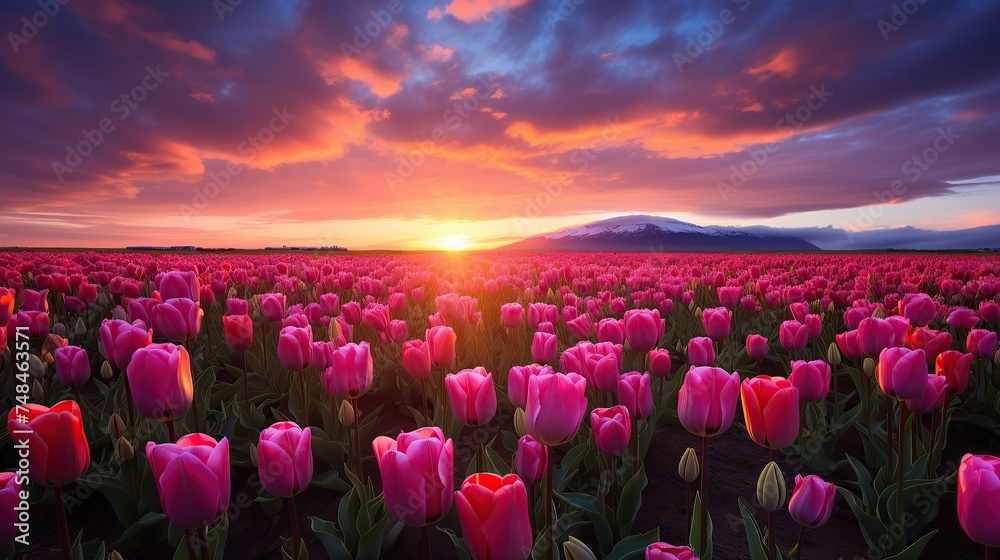 Dusk at a vibrant tulip field