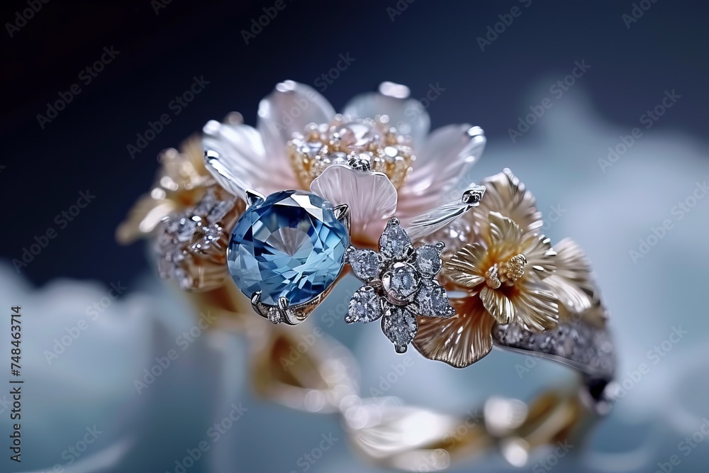 Aquamarine blue zircon/white gold ring on defocused dark background. For cover, web, banner. Gemstone engagement dream ring design idea, spring vibe. AI generated concept of Jewellery design. Aquamarine blue zircon/white gold ring on defocused dark background. For cover, web, banner. Gemstone engagement dream ring design idea, spring vibe. AI generated concept of Jewellery design.